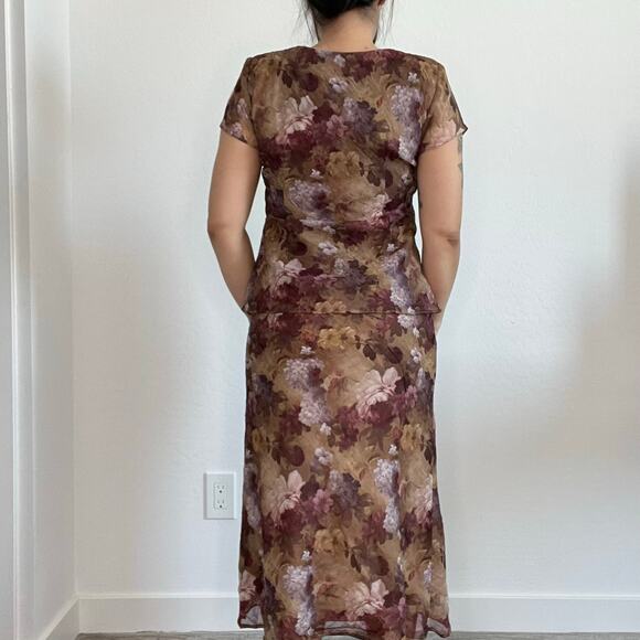 Jessica Howard Petite Floral Chiffon Midi Dress Brown Purple Overlay 90s‎ Mom - Picture 3 of 13